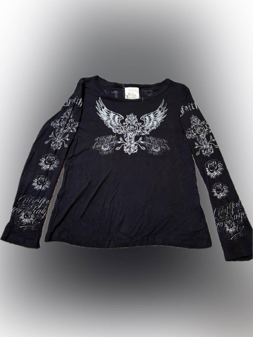 E61 Love Junkie Black Long-Sleeve Winged Floral Graphic Tee, Size L
